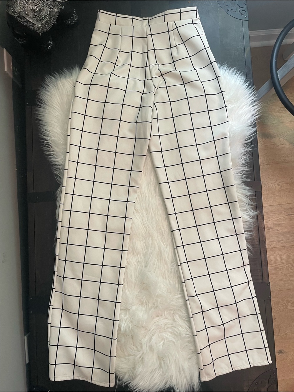 Fashion Nova Cream Trousers with Black Windowpane Grid